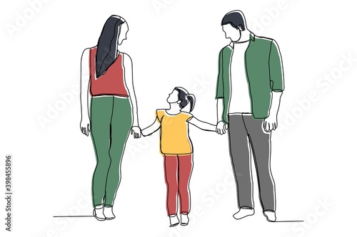 Continuous line drawing of happy family dad, mom, and child. Single line art concept of small family. Vector illustration