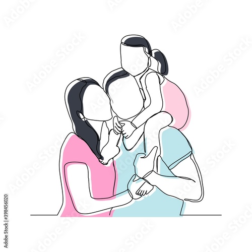 Continuous line drawing of happy family dad, mom, and child. Single line art concept of small family. Vector illustration