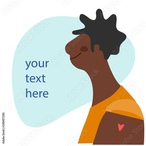 Vaccination time concept. Stop coronavirus concept. Happy black woman after vaccine injection in shoulder. Vector illustration with place for text. Campaign banner, poster, flyer, social media post