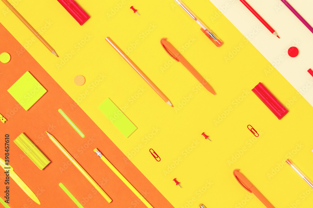 School and university picture. School and university supplies on yellow tricolor background. School and university picture. School and university supplies on yellow tricolor background.