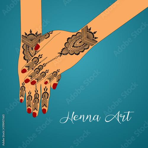 Henna tattoo. Mehndi in hand. Indian traditional lifestyle. Vector illustration
