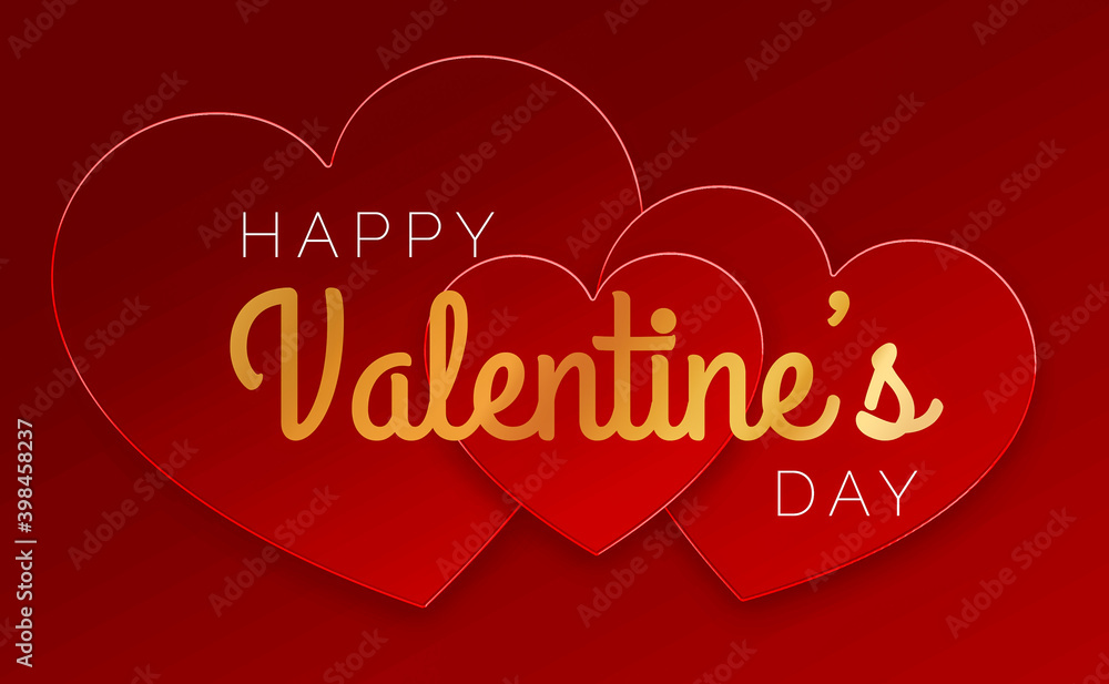 Happy Valentine’s day. Text with golden and white letters and red hearts on a red background. Congratulations for February 14.