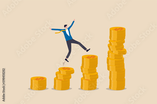 Compound interest, money growth investment, prosperity or earning and profitability stock concept, happy businessman investor jumping on stack of growth compound money coins.