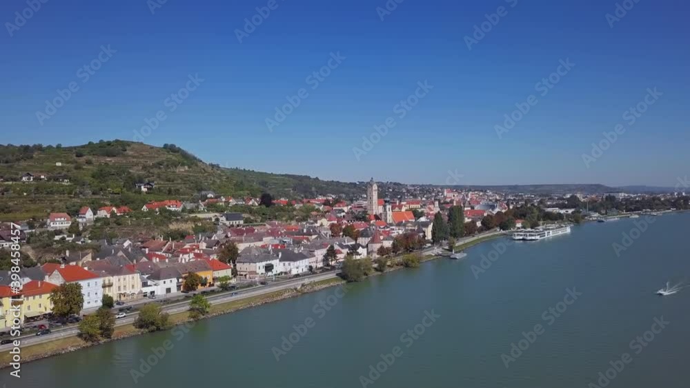 Aerial panorama of Krems town and vineyards. Wachau valley, Austria. 2.5x speeded up from 24 fps. Aerial panorama of Krems town and vineyards. Wachau valley, Austria. 2.5x speeded up from 24 fps.