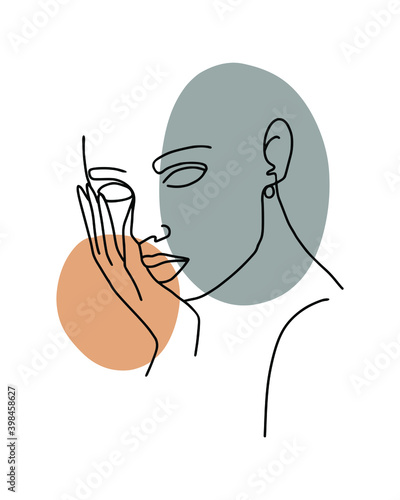 One line woman with geometric and organic shapes fashion portrait. Minimal design, freehand composition, modern abstract style. Beauty fashion female portrait with color details.