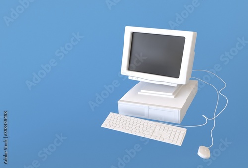 computer monitor with screen and keyboard bule background 3d render