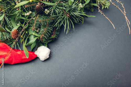 Santa's hat put by fir, pine, mistletoe branches with cones. Christmas and New Year decoration. Space