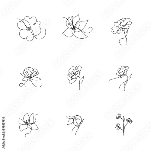 vector set of flowers, single line art, floral outline icons