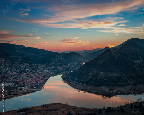 Mtskheta, Georgia. Top View Of Ancient Town. The Valley Of Confluence Of Rivers Mtkvari Kura And Aragvi In Picturesque Highlands. 