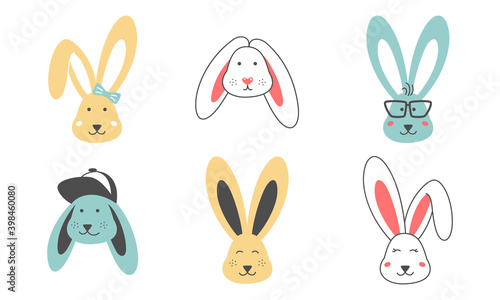 Set of eight cute rabbits in bright colors. Funny doodle bunny