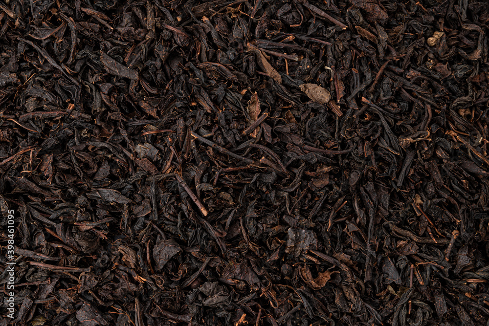 Dry tea leaves background or texture, black tea pattern - obrazy, fototapety, plakaty 