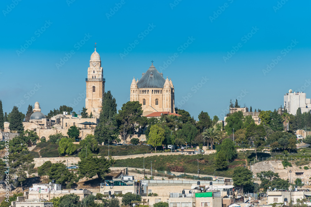 Historic buildings and Abbey of the Dormition , an abbey and the name of a Benedictine community in Jerusalem on Mount Zion, View from Mount of Olives.