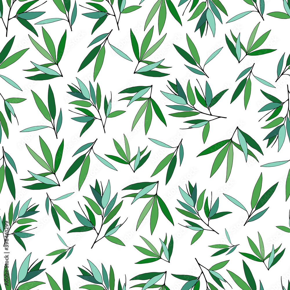 Seamless background with bamboo leaves and branches. Drawing of parts of bamboo and sections of branches and leaves. Seamless background with bamboo leaves and branches. Drawing of parts of bamboo and sections of branches and leaves.