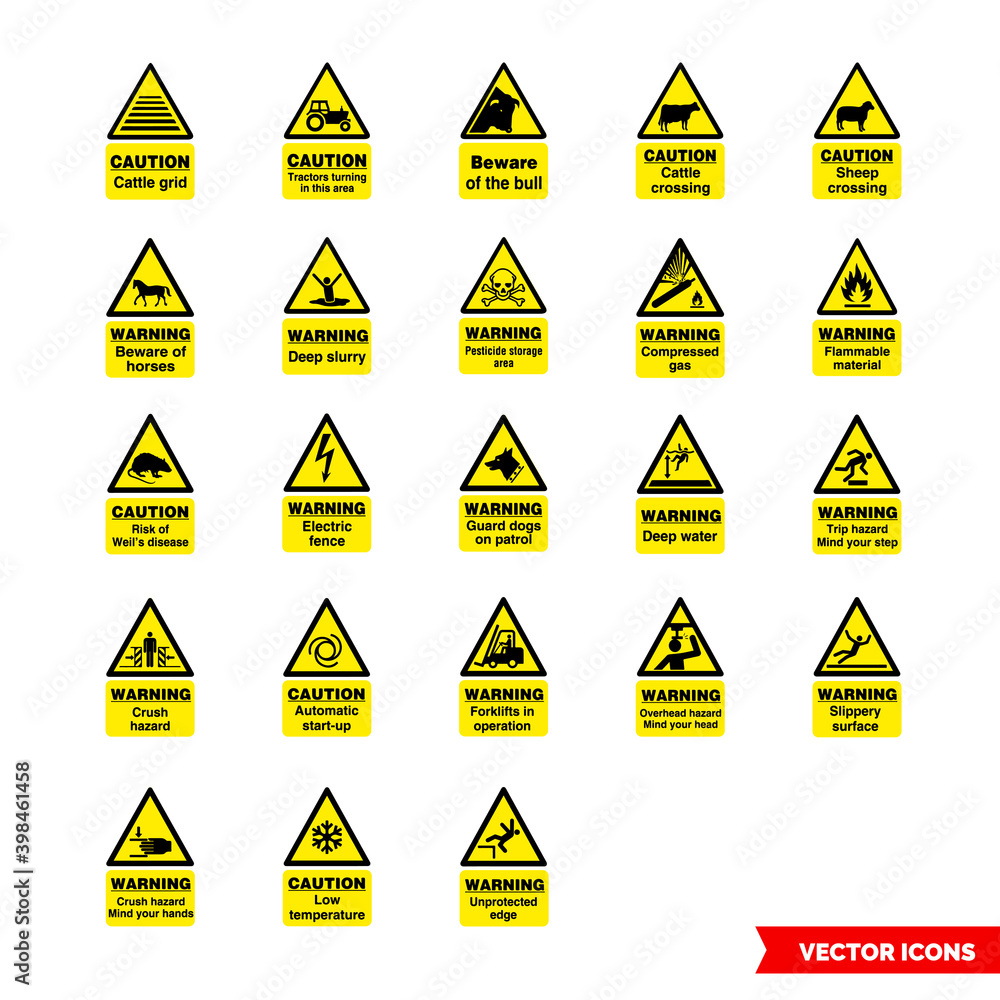 Farm safety hazard signs icon set of color types. Isolated vector sign