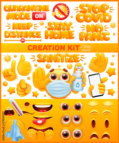 Creation kit. Coronavirus protection. Yellow emoji cartoon character. Emoticon smile face.