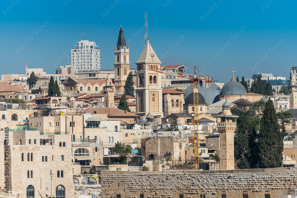Historic buildings and skylines with Church of the holy sepulchre, Lutheran Church of the Redeemer, monastery of saint saviour, View from Mount of Olive, Jerusalem, Israel