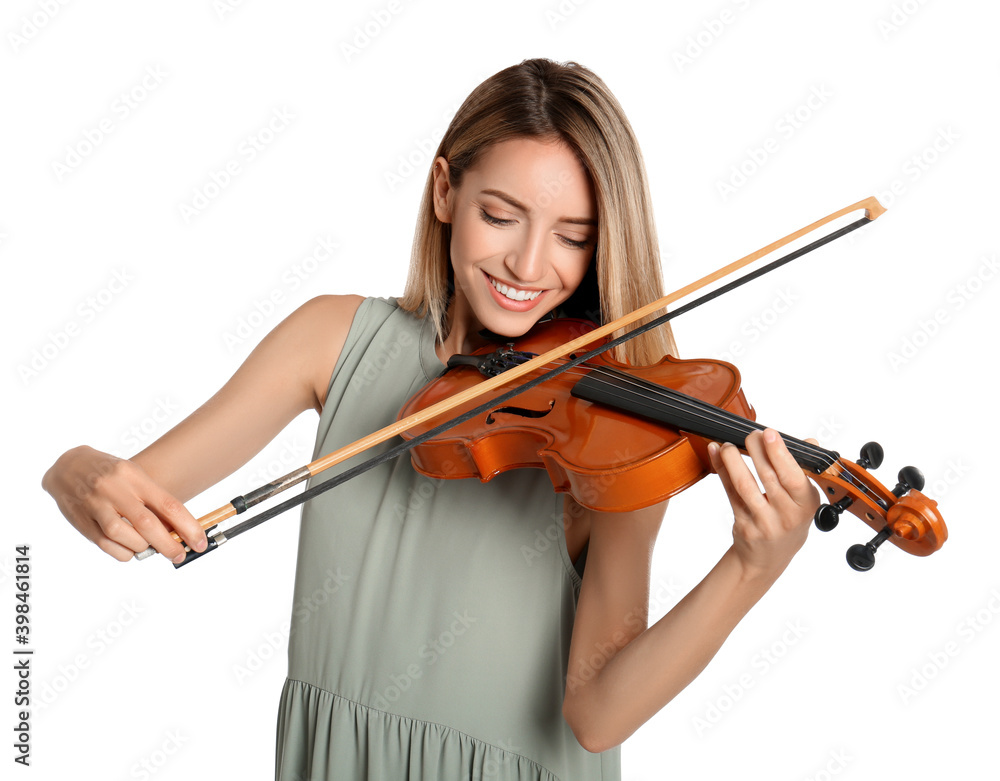 Beautiful woman playing violin on white background Beautiful woman playing violin on white background