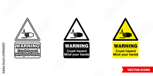 Warning crush hazard mind your hands hazard sign icon of 3 types color, black and white, outline. Isolated vector sign symbol.