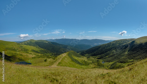 Panoramic view of Carpathian mountains on summer sunny day