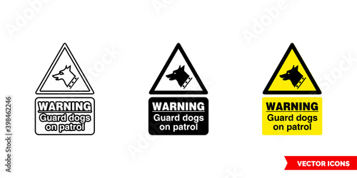 Warning guard dogs on patrol hazard sign icon of 3 types color, black and white, outline. Isolated vector sign symbol.