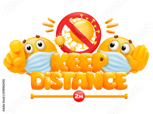 Keep distance banner with two yellow emoji cartoon characters.