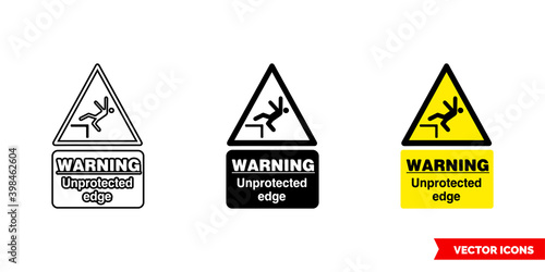 Warning unprotected edge hazard sign icon of 3 types color, black and white, outline. Isolated vector sign symbol.