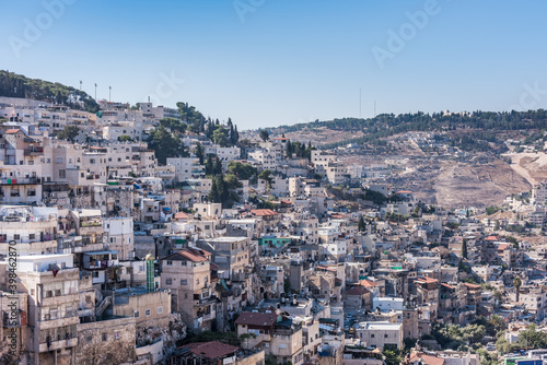 Residential houses at the Mount of Olive and Kidron Valley  under the sunlight in the morning in Jerusalem  Israel