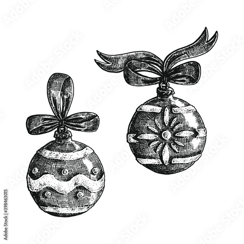 Hand drawn black and white crosshatch vector illustration of two Christmas baubles with different designs, with bows and ribbon.