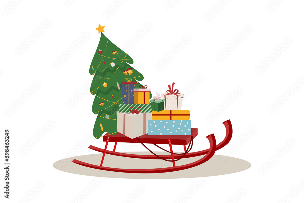 sled with a bunch of gifts and a Christmas tree on a white background. Vector