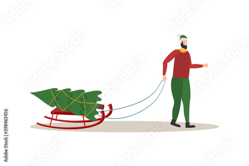 Man carries a sled with a Christmas tree, vector