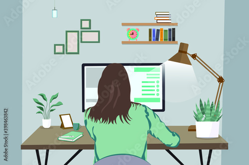 Work at home concept design. Work from home, Freelance woman working on computer, laptop at house, dressed in home clothes. Vector illustration isolated on white background. Online study, education.