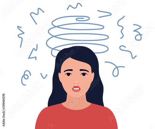 Dizziness, sad and anxious thoughts of girl. Young woman is surrounded by stream of thoughts, chaos in head. Anxiety, depression, stress. Mental disorder and chaos in mind. Vector flat illustration