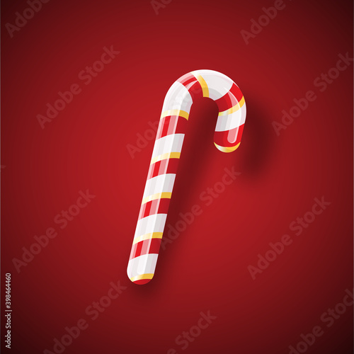 Christmas candy cane with shadow isolated on red background. Xmas Stripped cartoon lollipop. Vector candy cane