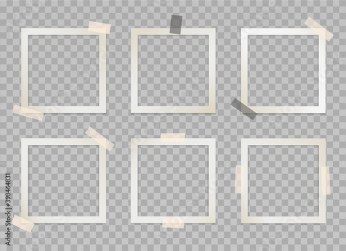 Set of square photo frames with adhesive tape. Vector 3d realistic. Mockup for modern design. Blank template on a transparent background. 6 empty beige photo cards with black and beige sticky tape.