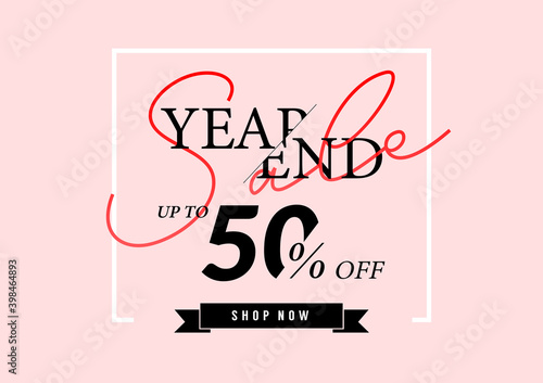 Year end sale poster or flyer design. End of year sale up to 50% off on pink background.