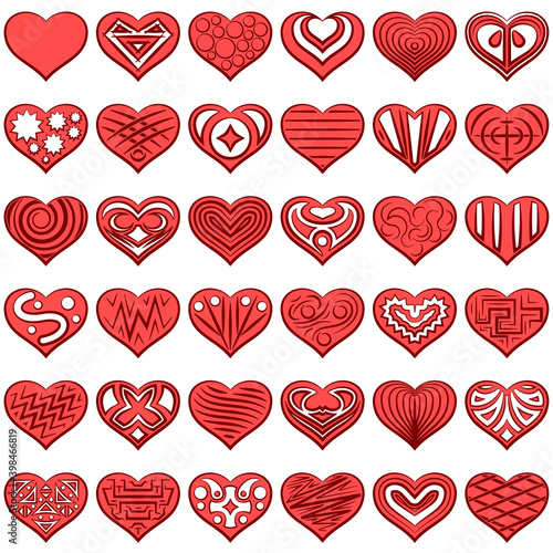 Set of Red Valentine Hearts with Abstract Black and White Patterns, Holiday Symbols of Love. Vector