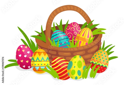Easter decorated eggs in wicker basket. Colorful eggs with hearts, lines, dots and twirls decor for holiday