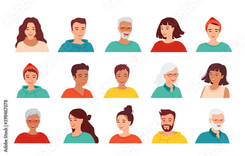 Set of avatars of smiling people of different ages and nationalities. Various faces icons. Isolated vector illustration.
