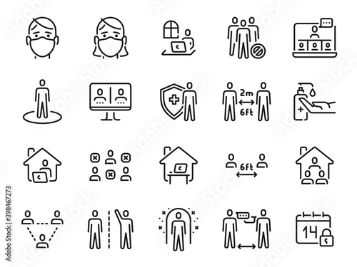 Social distance icons. Self quarantine, safe distancing and stay home line icon. Man and woman in mask. Coronavirus prevention vector set