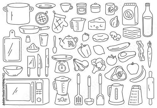 Cooking tools and ingredients. Food prepare, kitchen cookware and utensil. Outline spoon, knife, bowl and plate. Culinary vector doodle set
