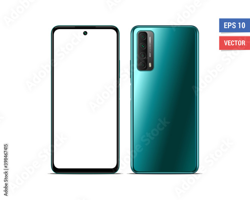 Realistic vector flat mock-up Huawei P Smart 2021 with blank screen isolated on white background. Scale image any resolution