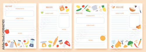 Recipe cards. Pages for culinary book decorated with ingredients and kitchen utensils. Food preparation icons. Cook card template vector set photo