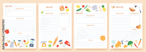 Recipe cards. Pages for culinary book decorated with ingredients and kitchen utensils. Food preparation icons. Cook card template vector set