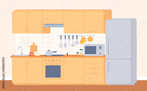 Kitchen interior. Furniture for cooking stove, oven, cupboard, sink and fridge. Modern kitchen with appliances and utensils, vector room