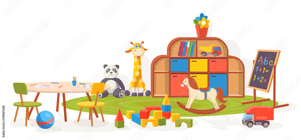 Playing room. Kindergarten classroom furniture with toys, carpet, table and chalkboard. Cartoon kids preschool interior vector illustration