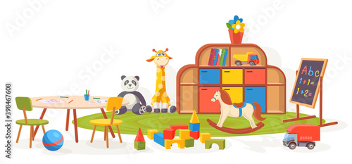 Playing room. Kindergarten classroom furniture with toys, carpet, table and chalkboard. Cartoon kids preschool interior vector illustration