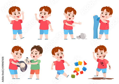 Kids bad behavior. Bully making mess, scream, angry, rips clothes and break vase. Naughty boy fighting over a toy. Problem child vector set