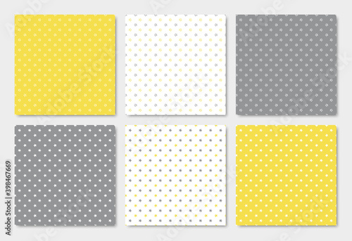 Vector Set of Doodle Little Stars Seamless Patterns. Illuminating Yellow and Ultimate Gray Color of the Year 2021 