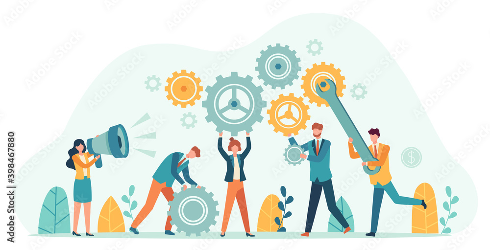 Business people with gears. Employee team create mechanism with cogs, manager with megaphone. Tiny person teamwork motivation vector concept