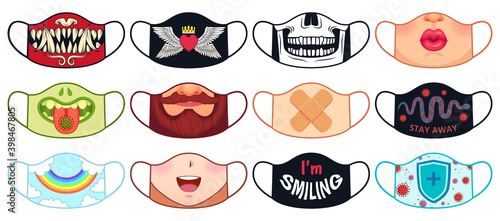 Face mask design. Prints for reusable protective masks with skull, demon, female lips and beard, snake and viruses. Covid concept vector set
